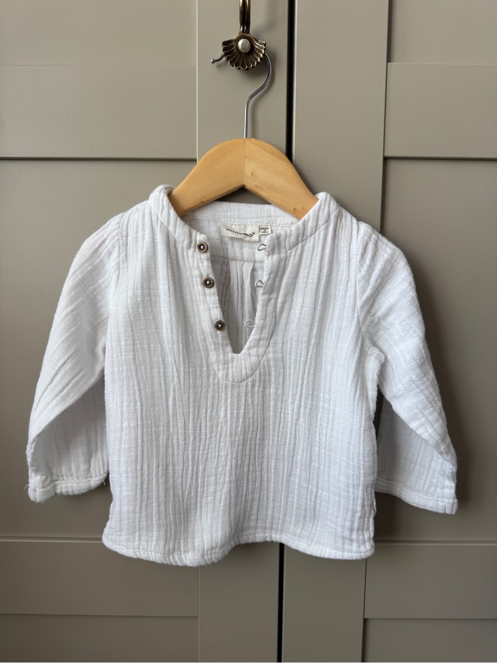 Minymo Gauze Kids White Button Long Sleeve Muslin Henley Top Breathable Toddler